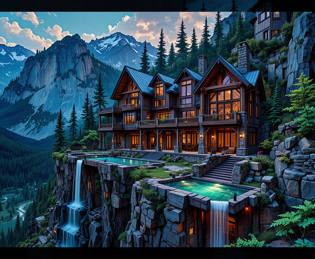 Fantasy mountain house with cascading cliffside pools