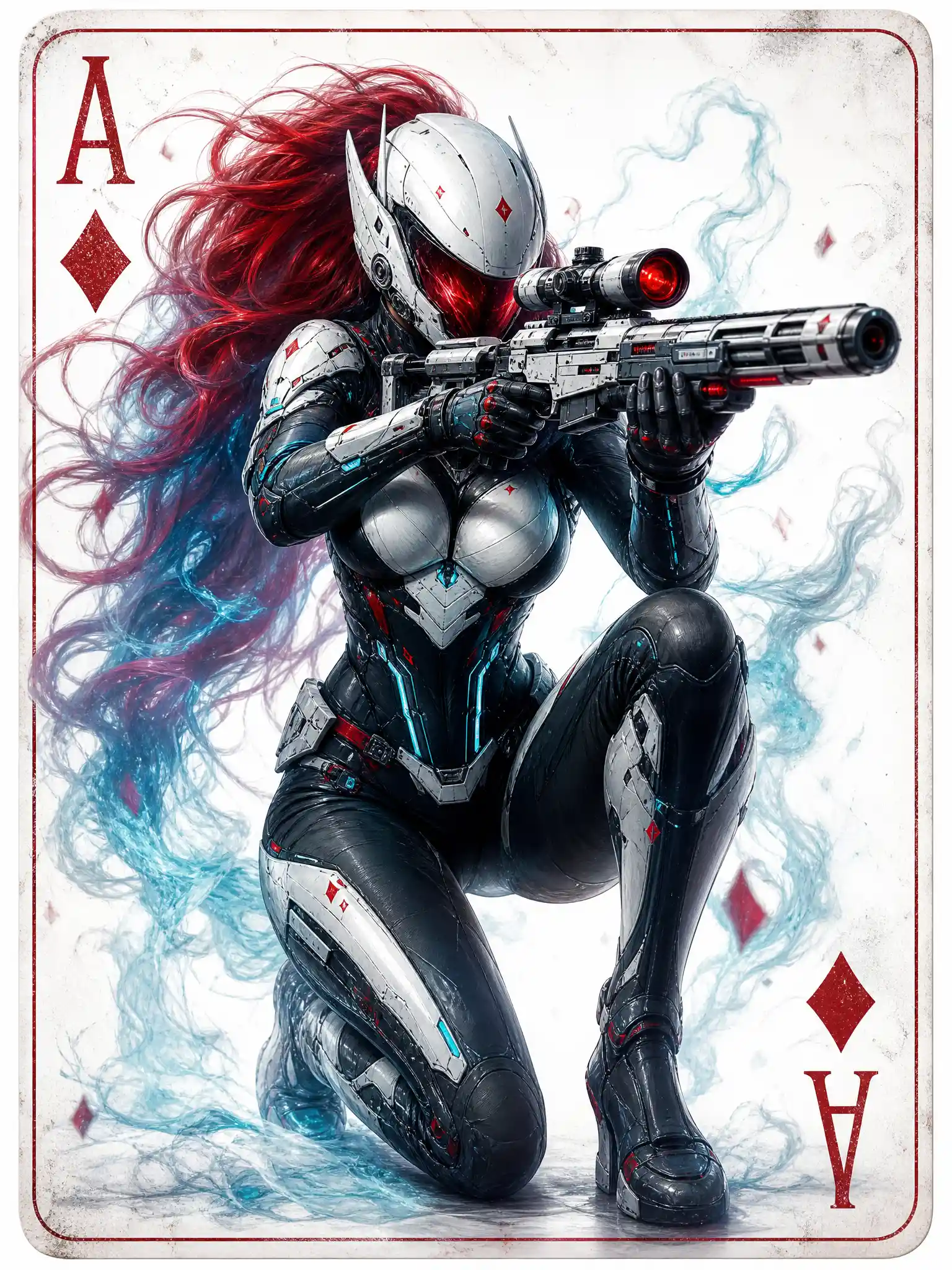 Futuristic female warrior aiming rifle on ace of diamonds
