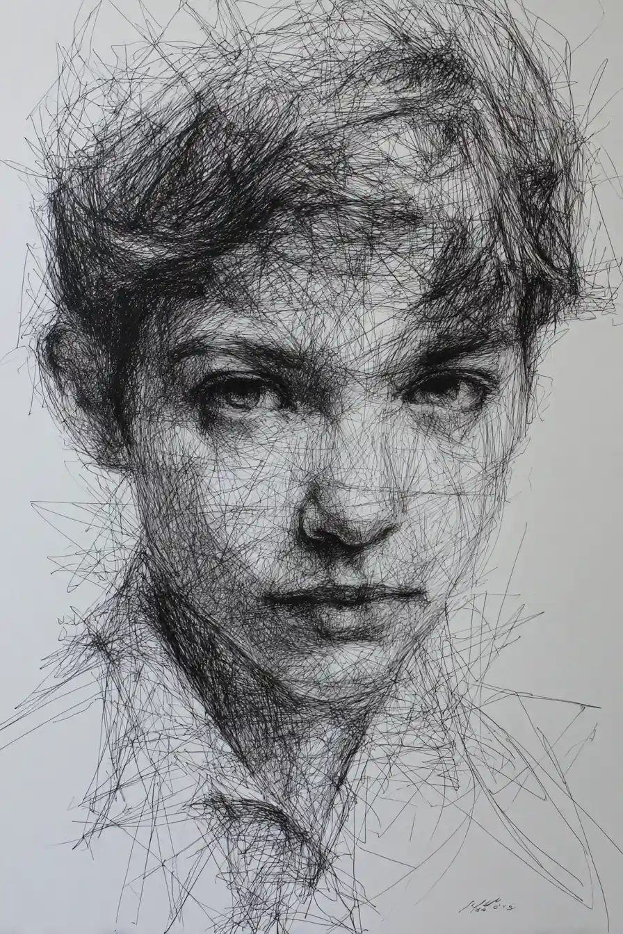Androgynous pen portrait with yellow tinted glasses