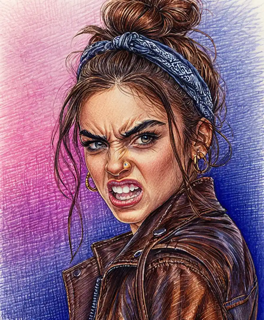 Angry girl portrait in cross hatched colored pencil drawing