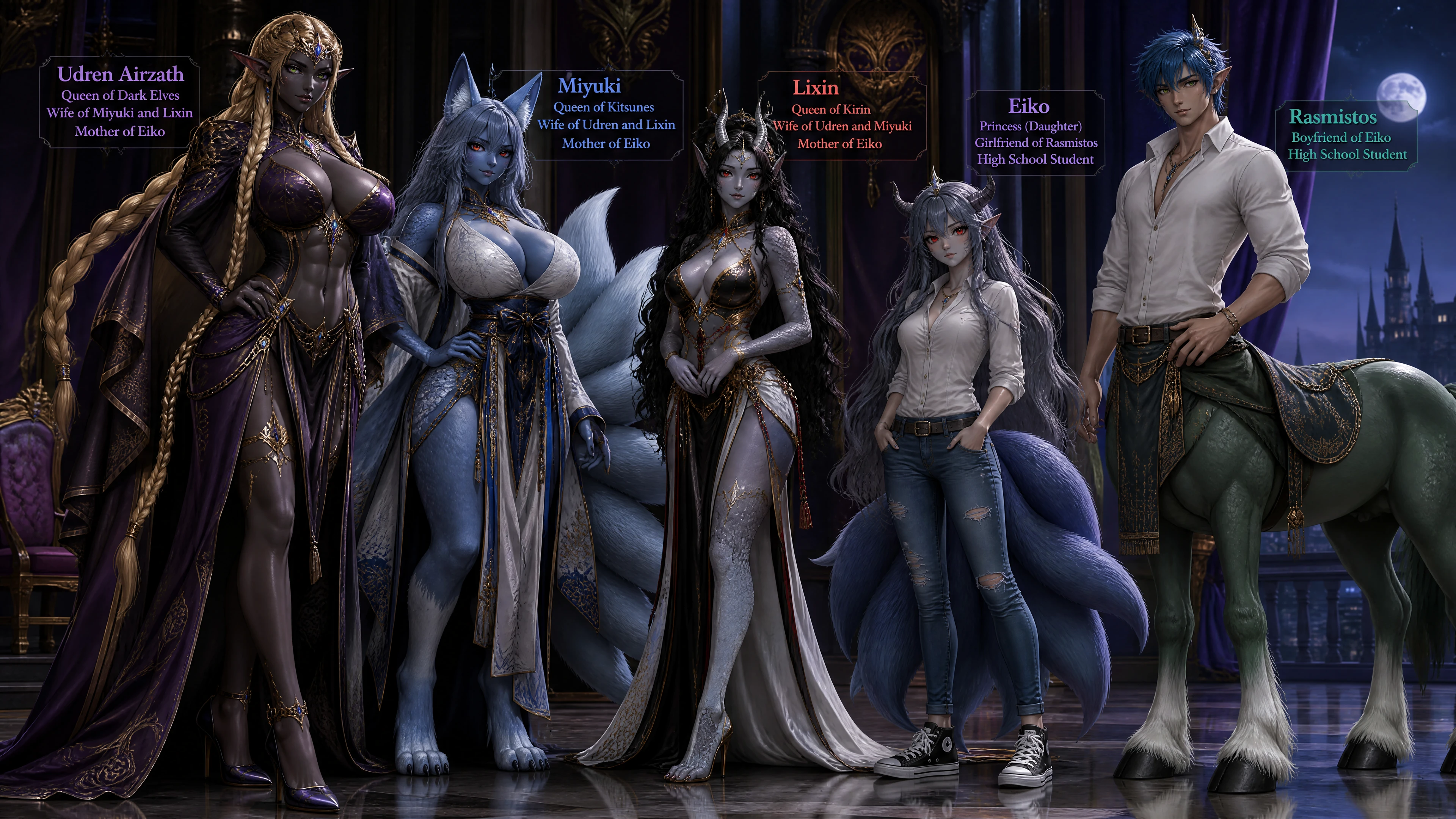 Regal dark elf queen with golden braids and purple eyes