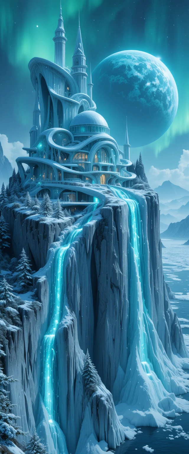 Futuristic ice citadel on a towering glacier cliff