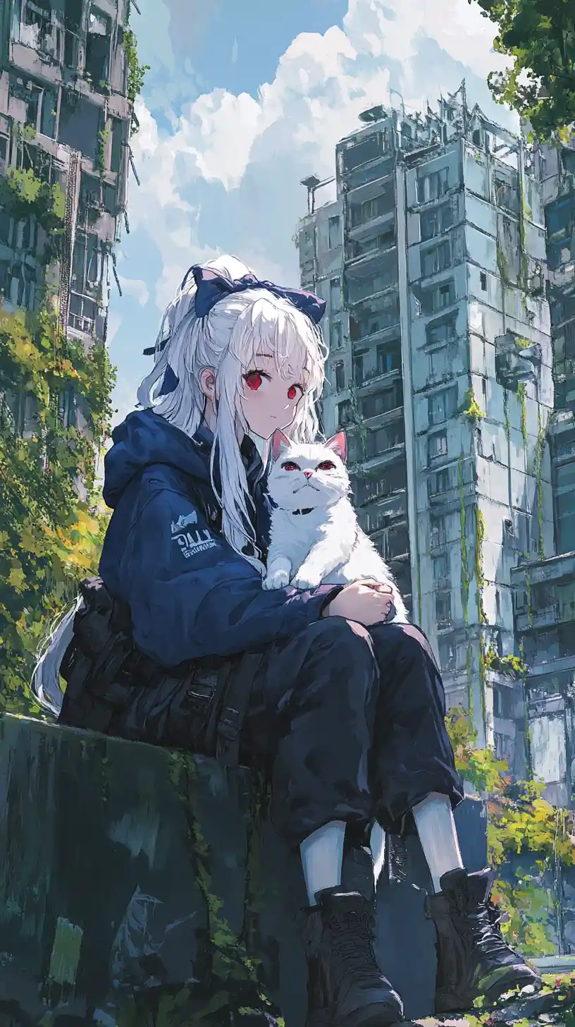 Fille d’anime serrant joyeusement un chat blanc dans un parc urbain