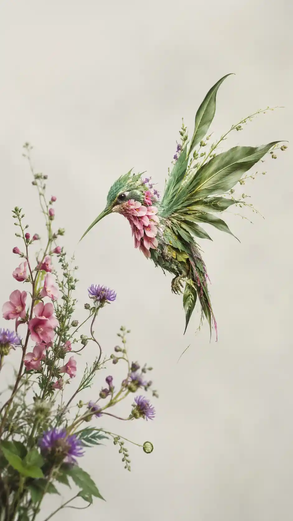 Hummingbird Hovering Beside Wildflowers In Airy Realistic Painting