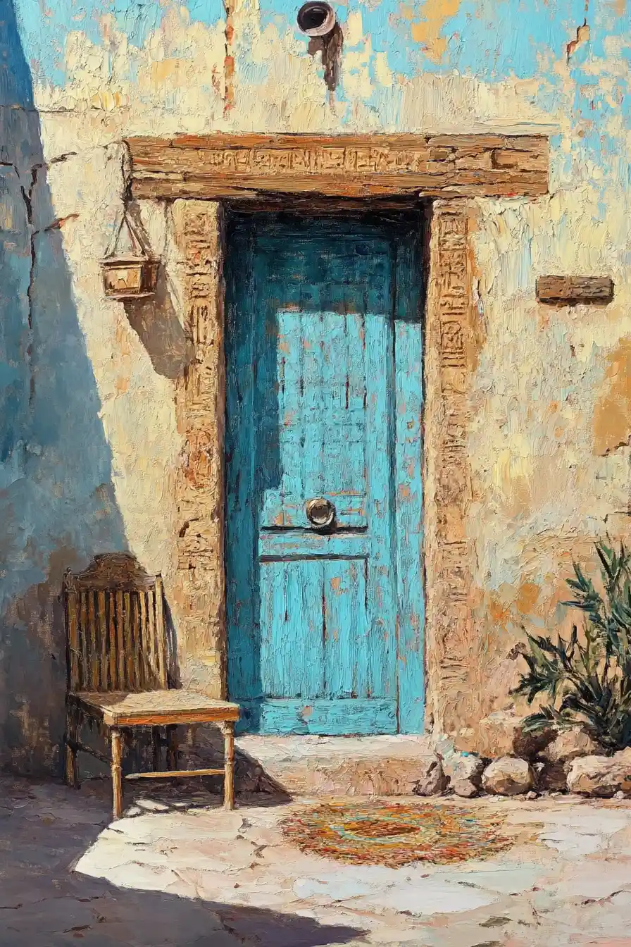 Impasto painting of an intimate Egyptian courtyard interior