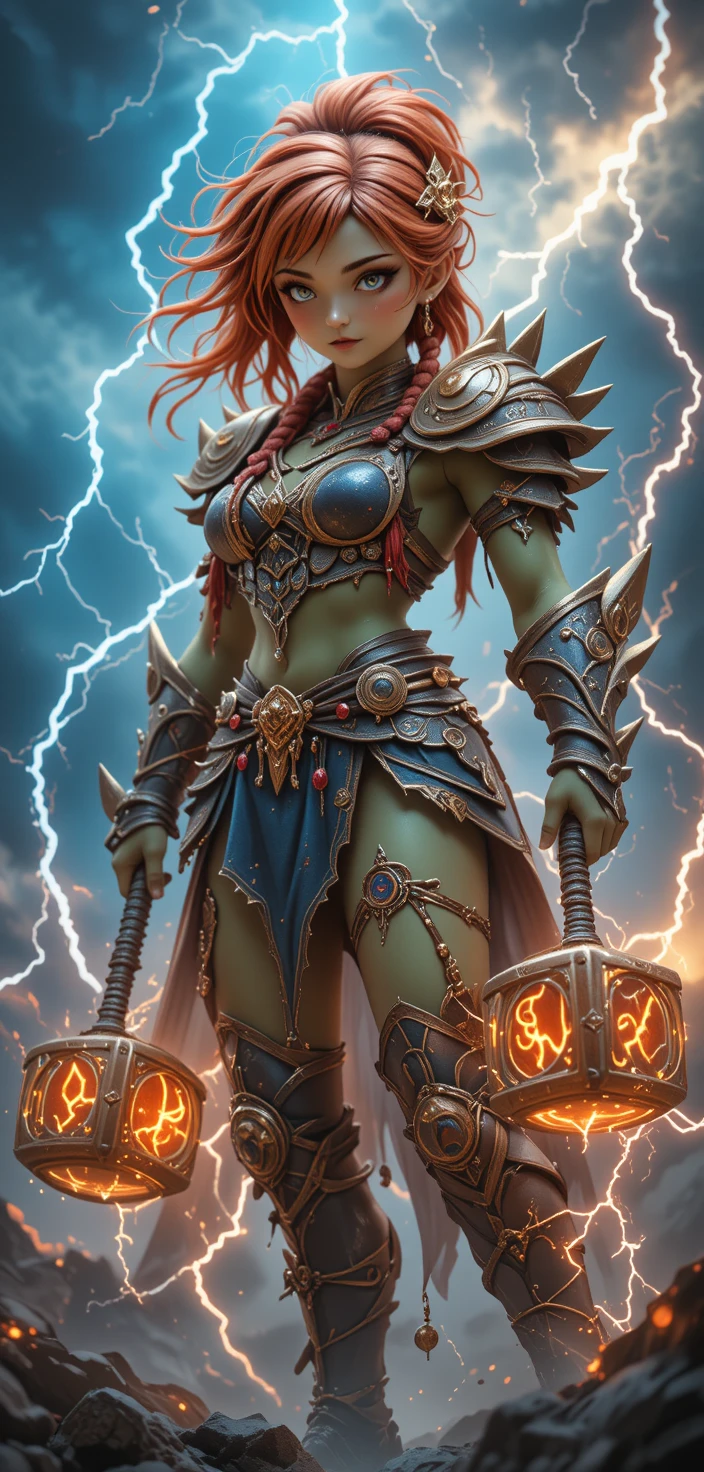 Semi chibi green half orc shaman in fighting stance