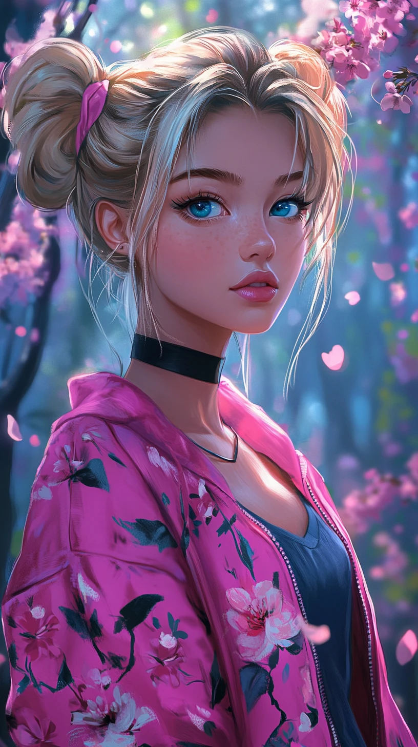 Anime girl in pink jacket under night cherry blossoms