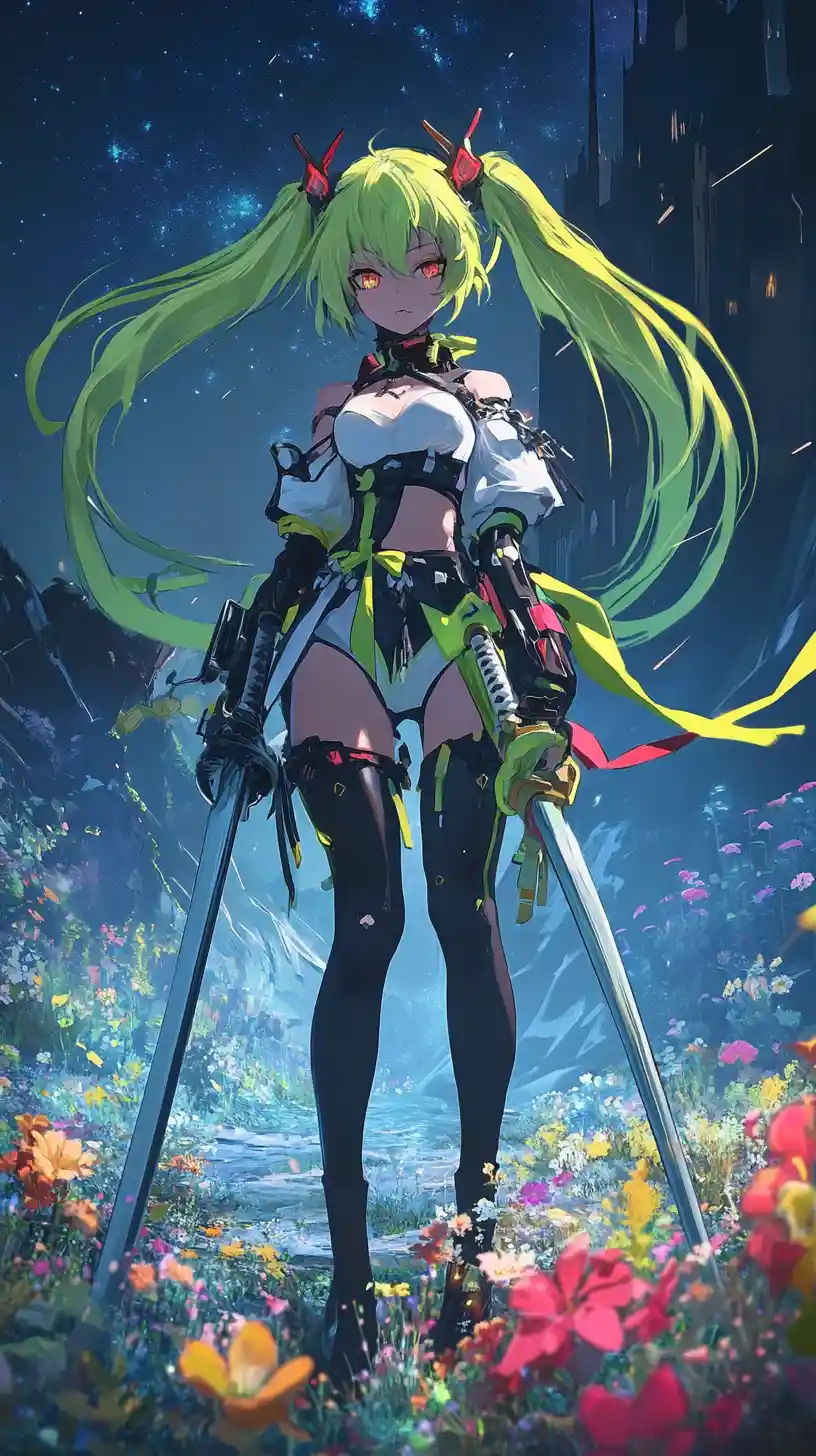 Anime girl warrior posing with twin swords in battle stance