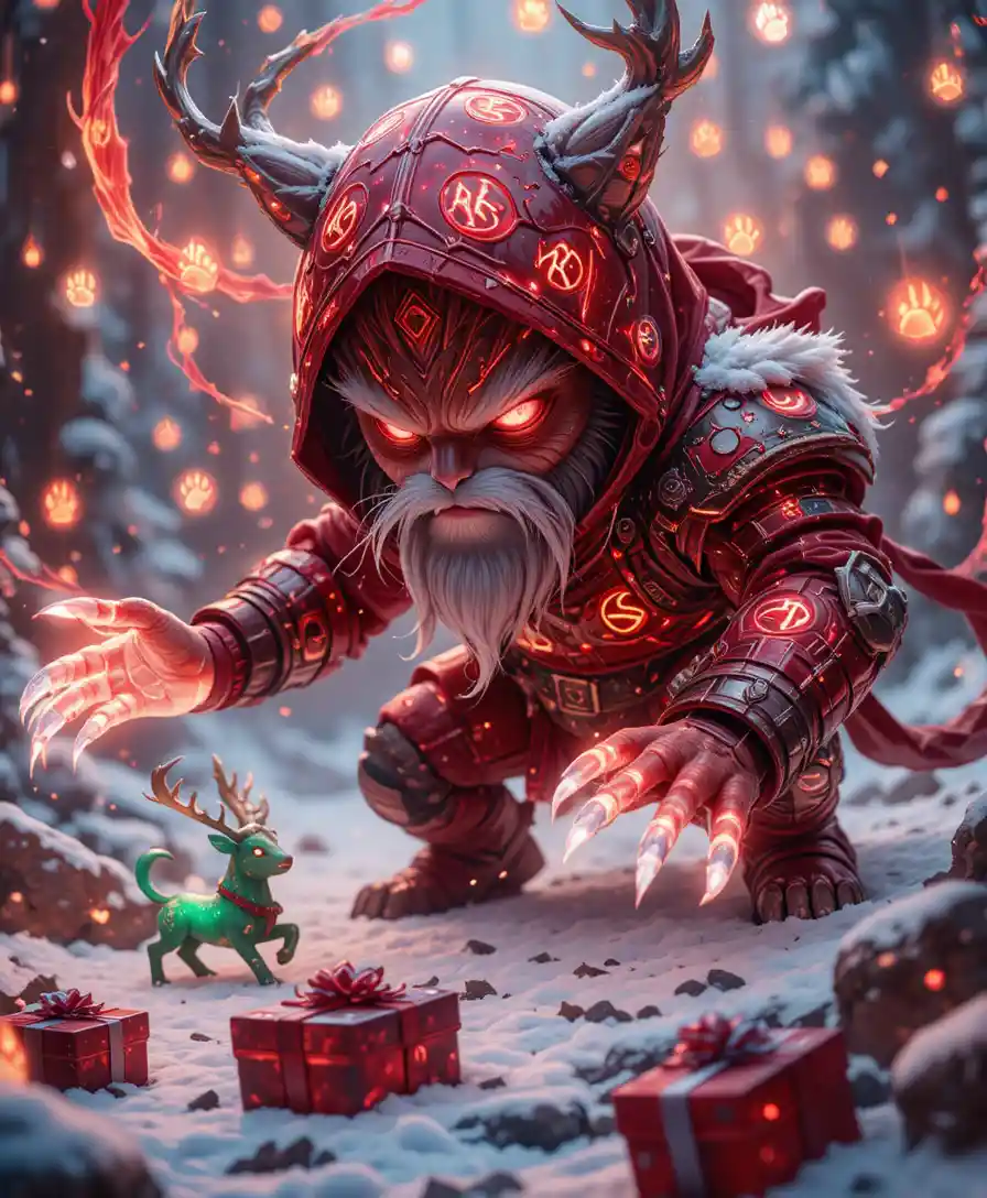 Rune clad anime cat warrior in red crystal armor