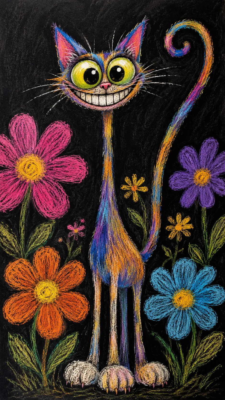 Verspielte Kreidekatze mit riesigen Blumen auf dunklem Hintergrund