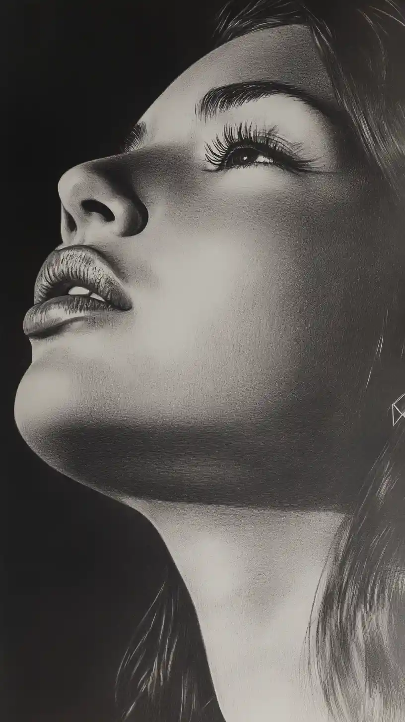 Graphite portrait of a woman with tilted head and hidden eye