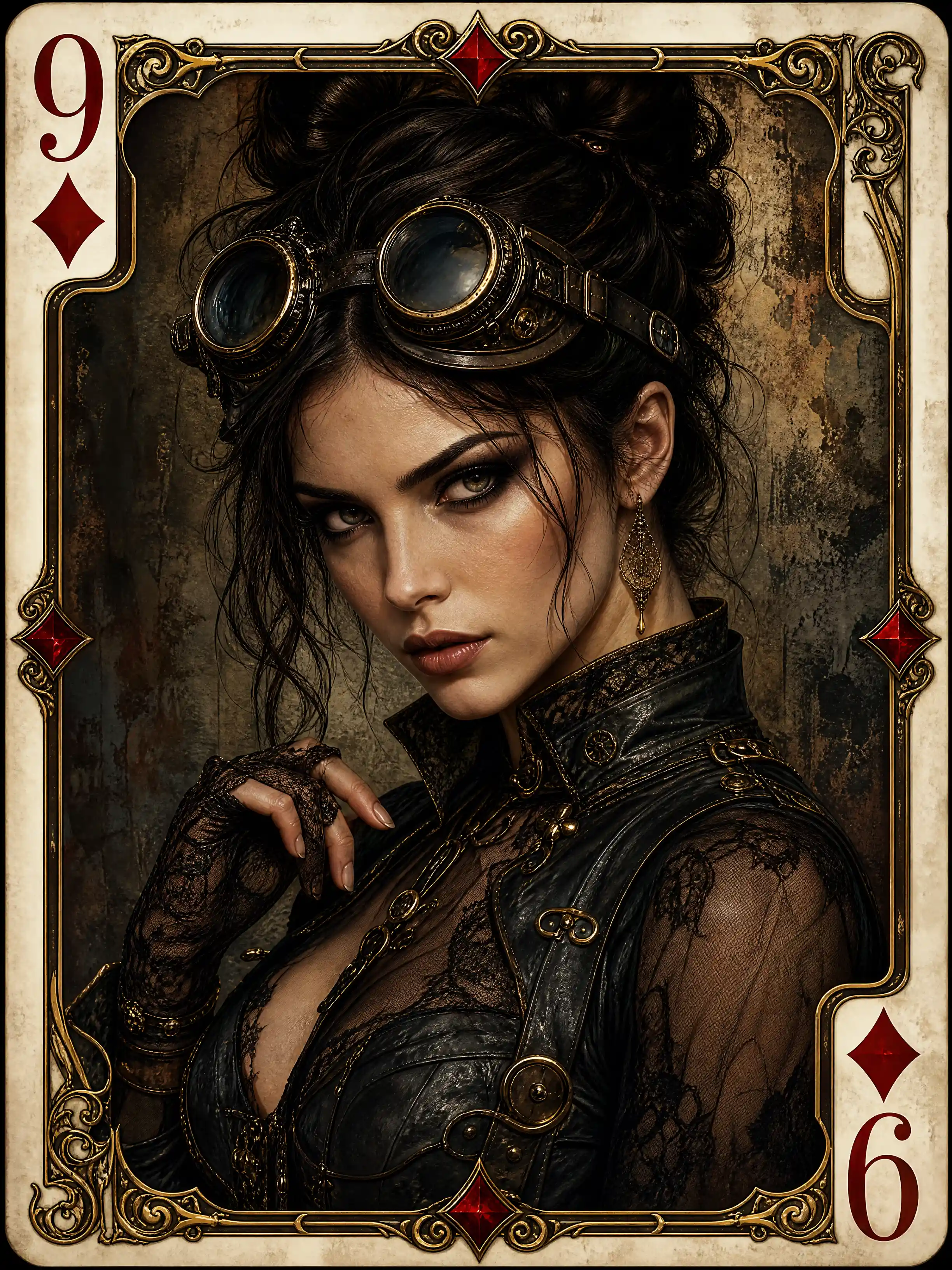 Steampunk woman portrait with goggles and dramatic shadows