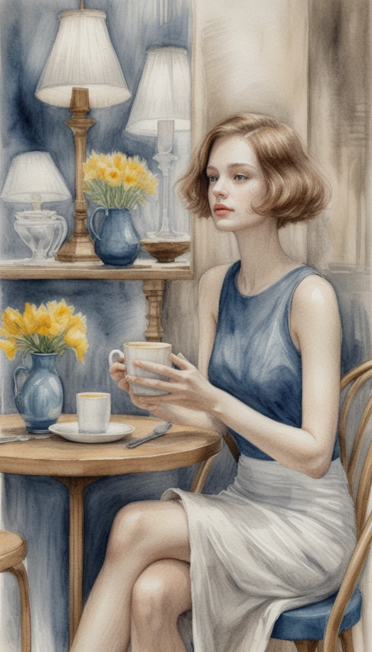 Young woman with coffee in a vintage cafe drawing