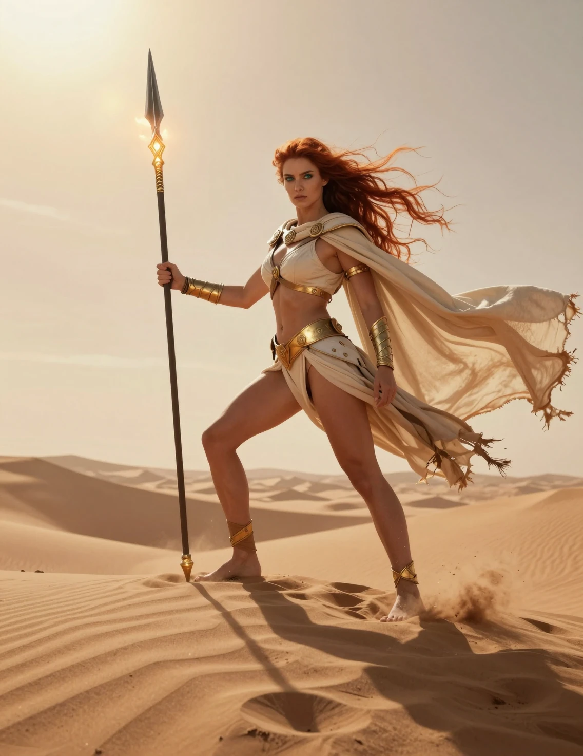 Fierce warrior woman on a sunlit desert dune