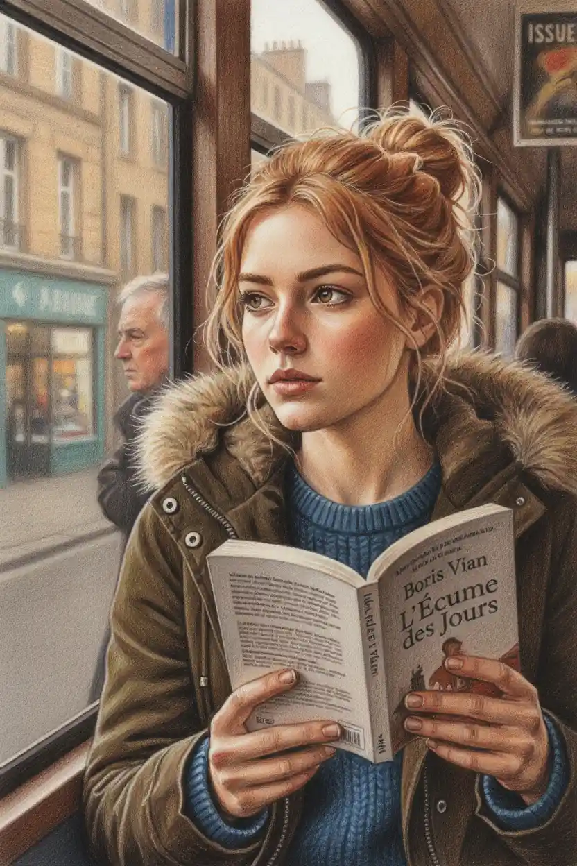 Young woman reading on a city bus in soft light
