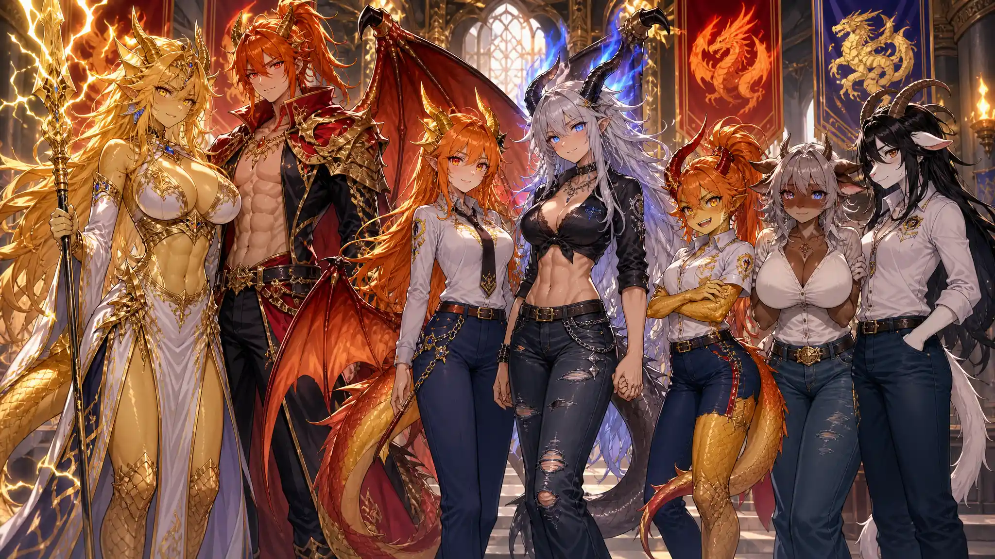 Regal lightning dragon queen with golden hair and spear