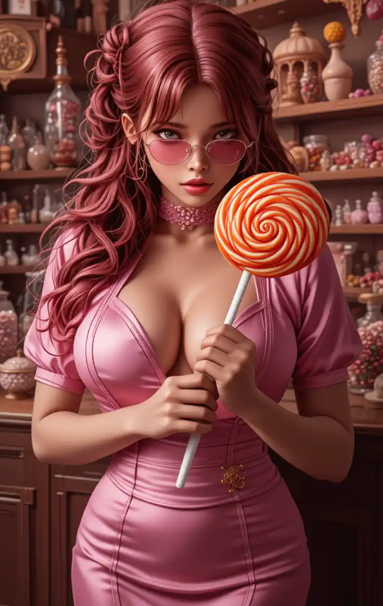 Smiling woman in pink uniform at vintage candy counter