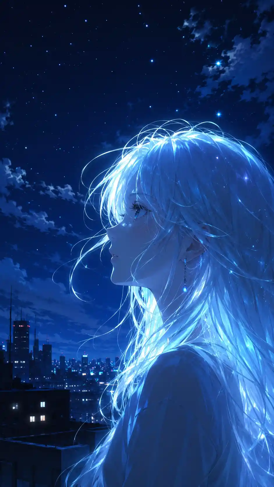 Anime girl on rooftop under a glowing starry night sky