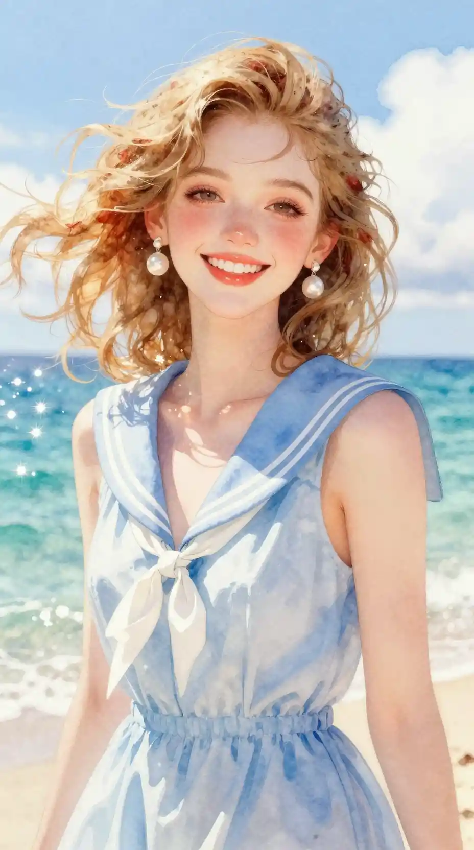 Joyful girl in sailor dress by a sparkling turquoise sea