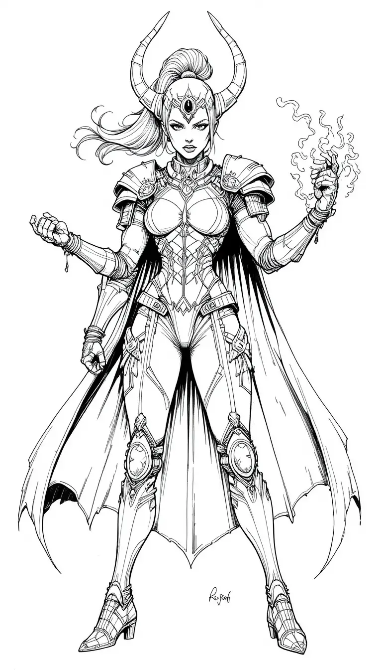 Guerriera a quattro braccia in audace line art a fumetti