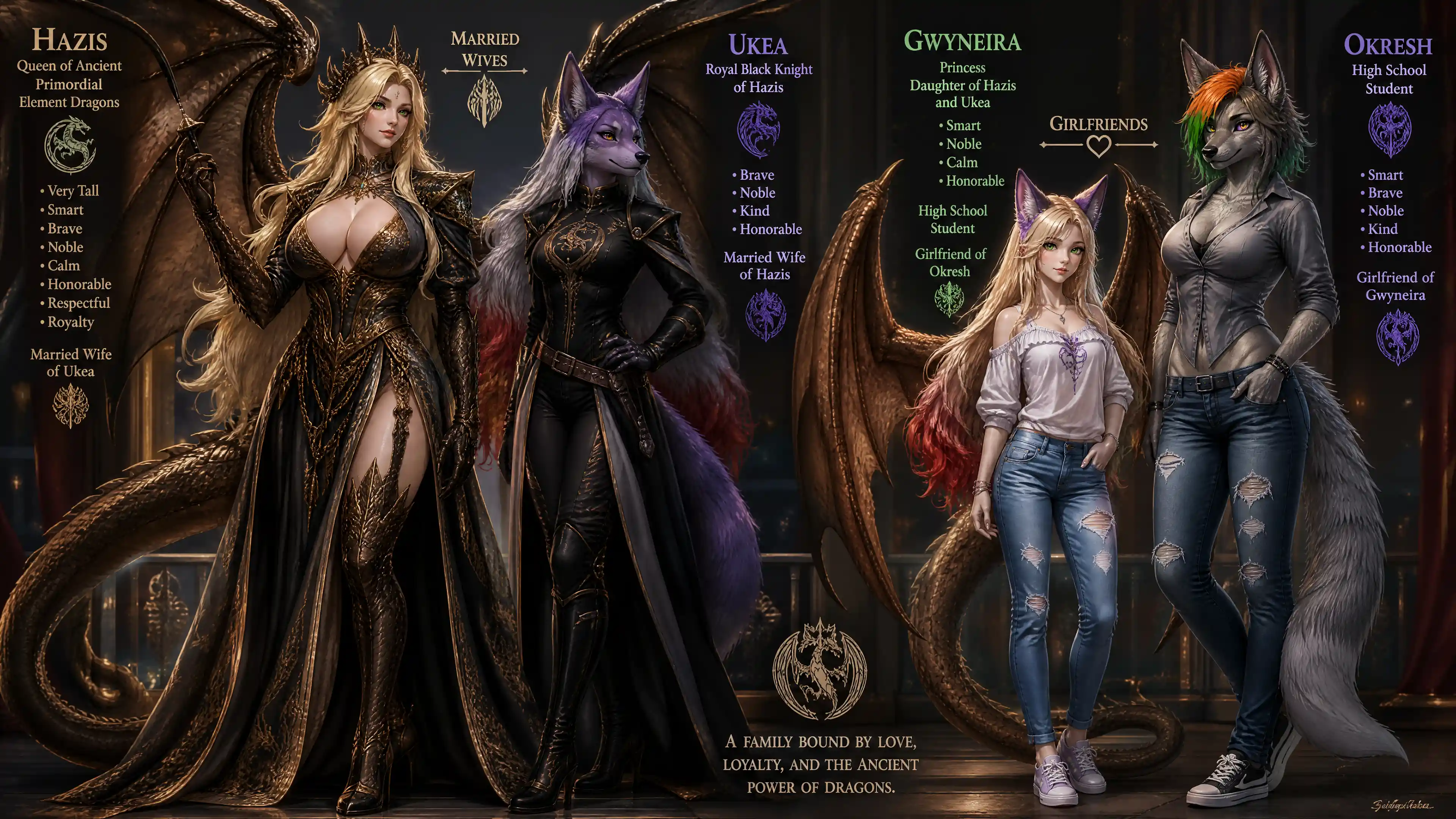 Dragon queen with primordial wings in royal garments