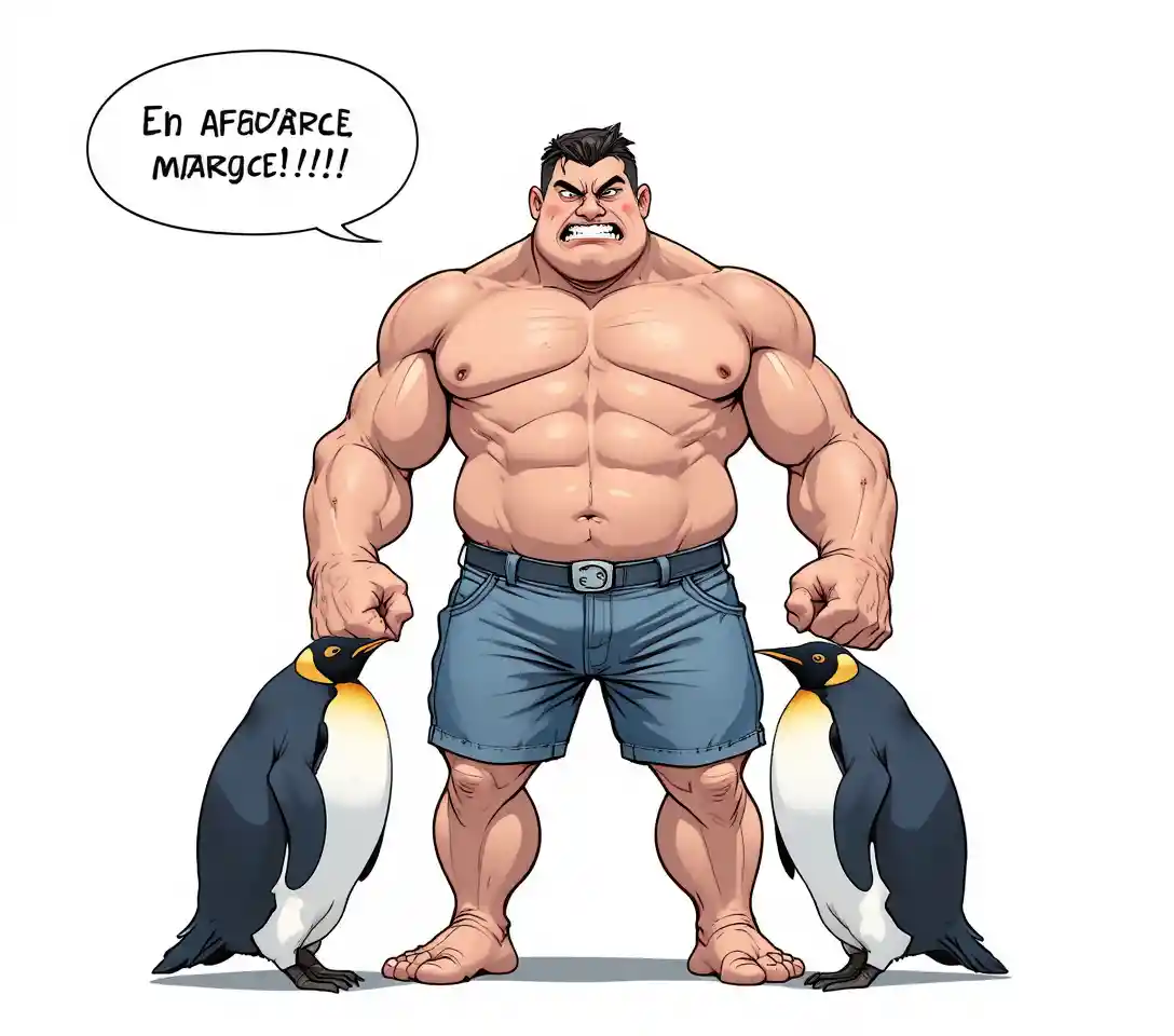 Muscular cartoon man leading penguins in absurd formation