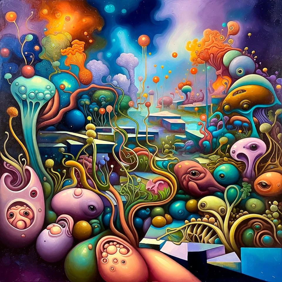 Surreal Oil Painting Of Hybrid Creatures In A Fantasy World