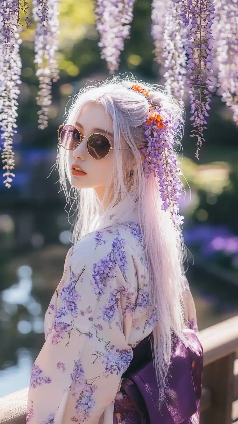 Lavender haired girl in kimono on wooden bridge