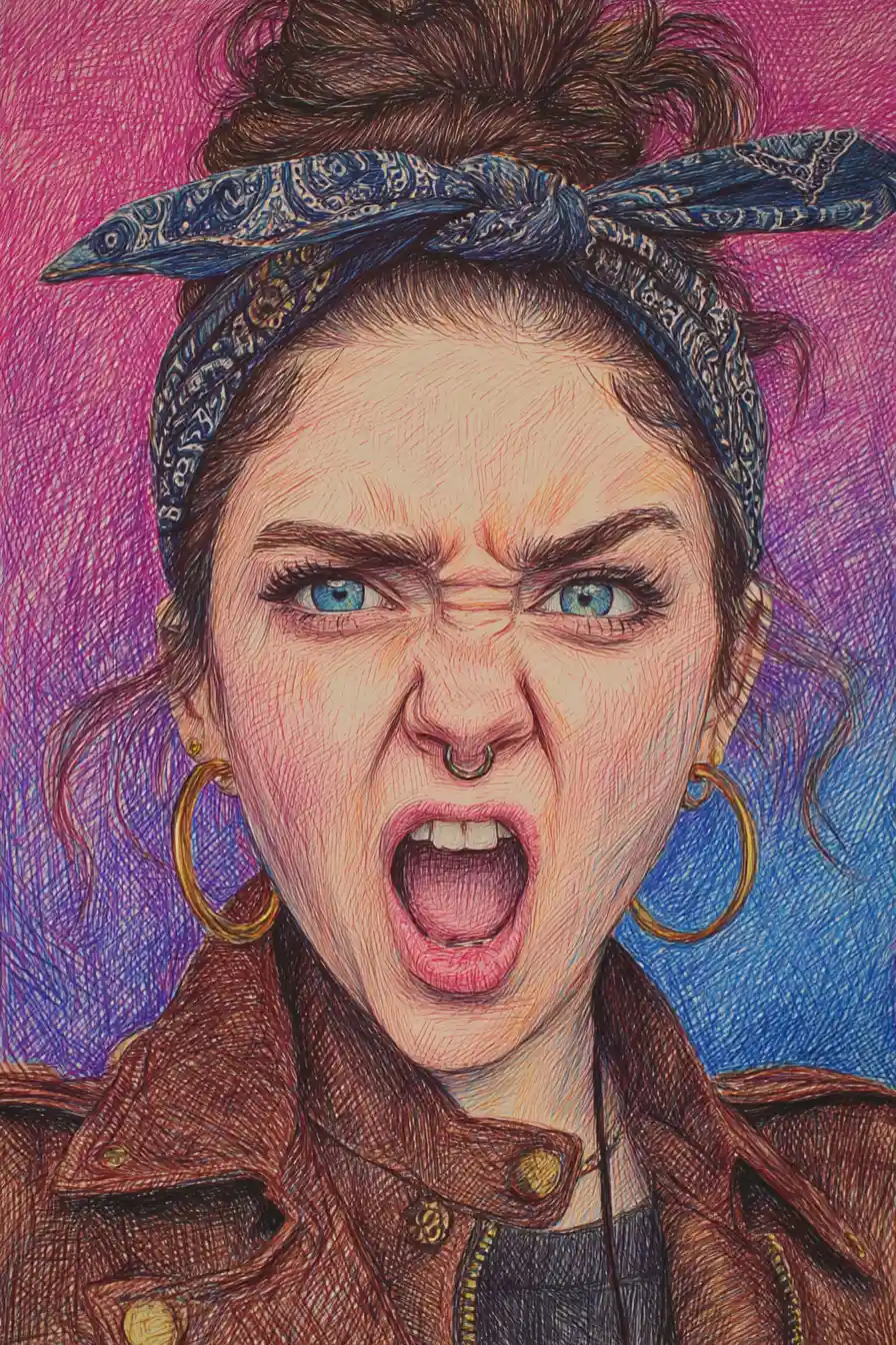 Portrait en gros plan d’une fille en colère en hachures croisées au stylo et crayon de couleur