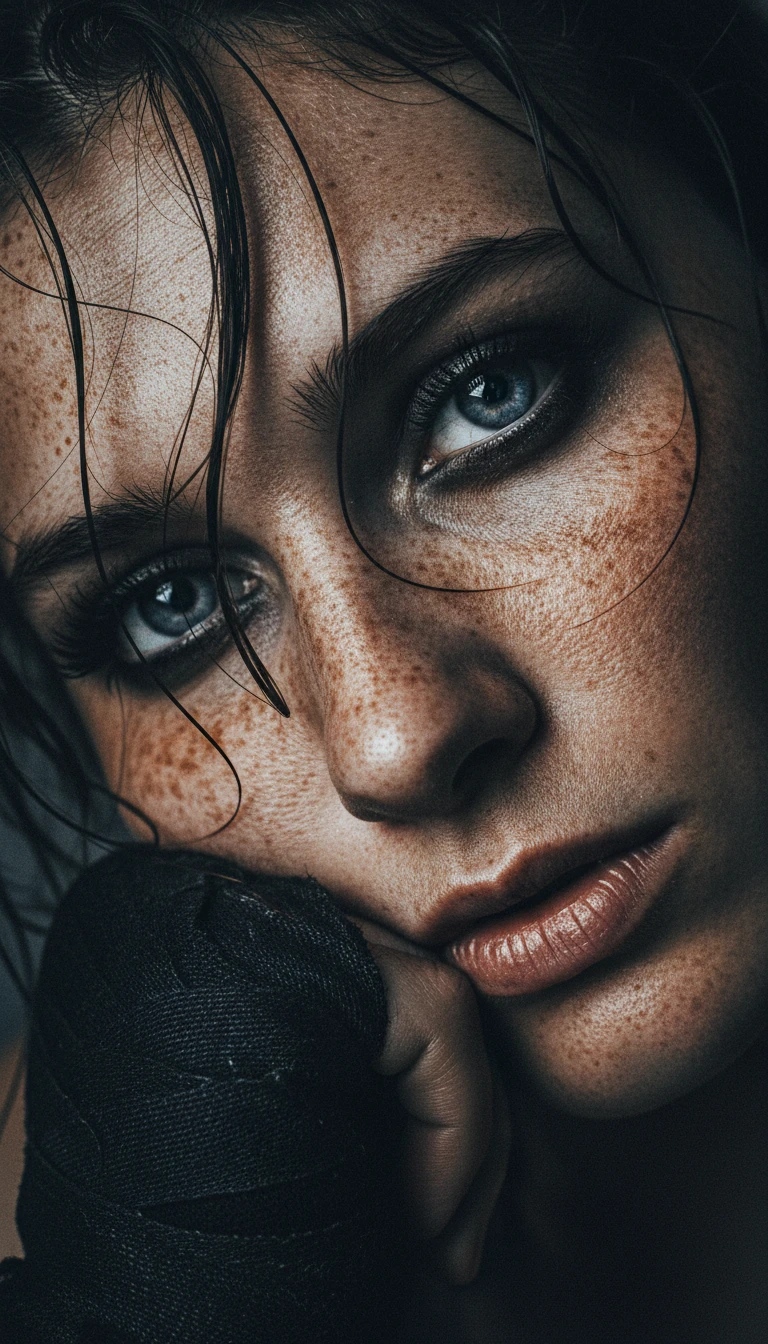 Intense extreme close up portrait of a freckled woman