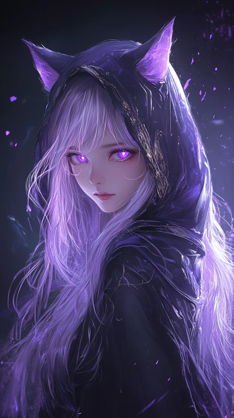 Hooded anime woman with glowing violet eyes in darkness