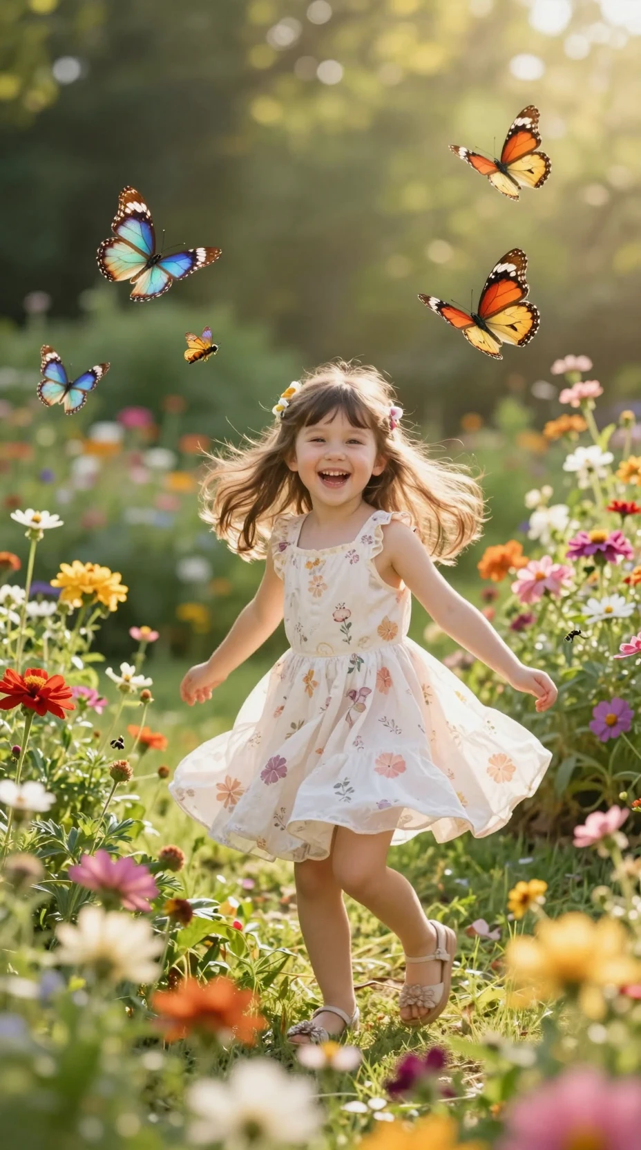 Young girl playing joyfully in a sunlit flower garden