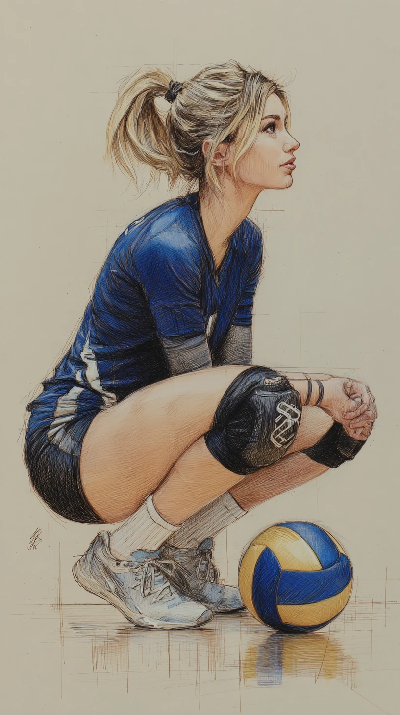 Female volleyball player in low defensive squat on court