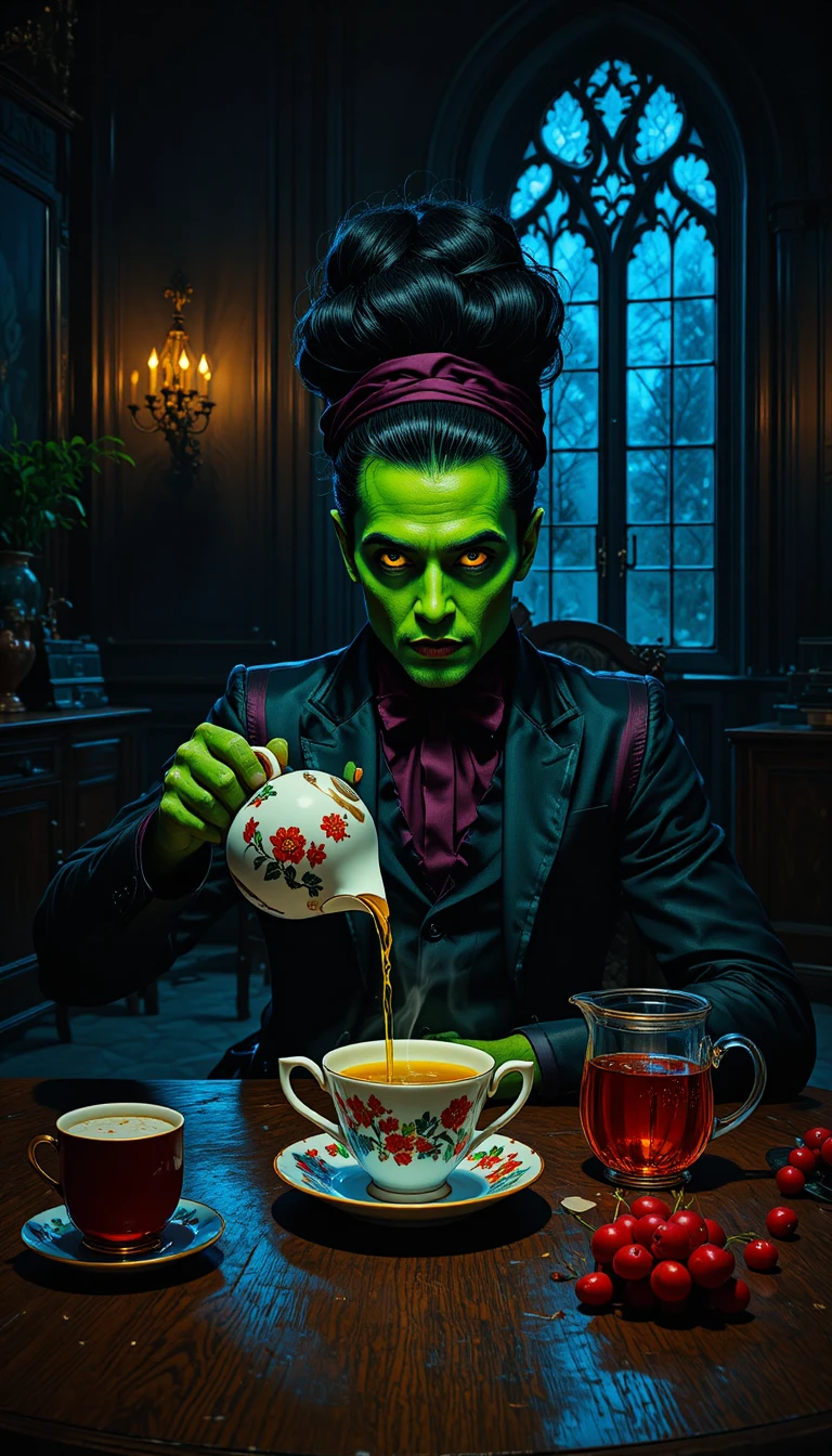 Green anthropomorphic host pouring tea in gothic victorian room