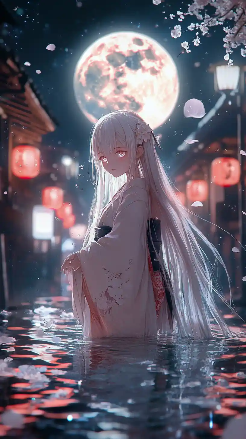 Anime woman in white kimono under the glowing full moon
