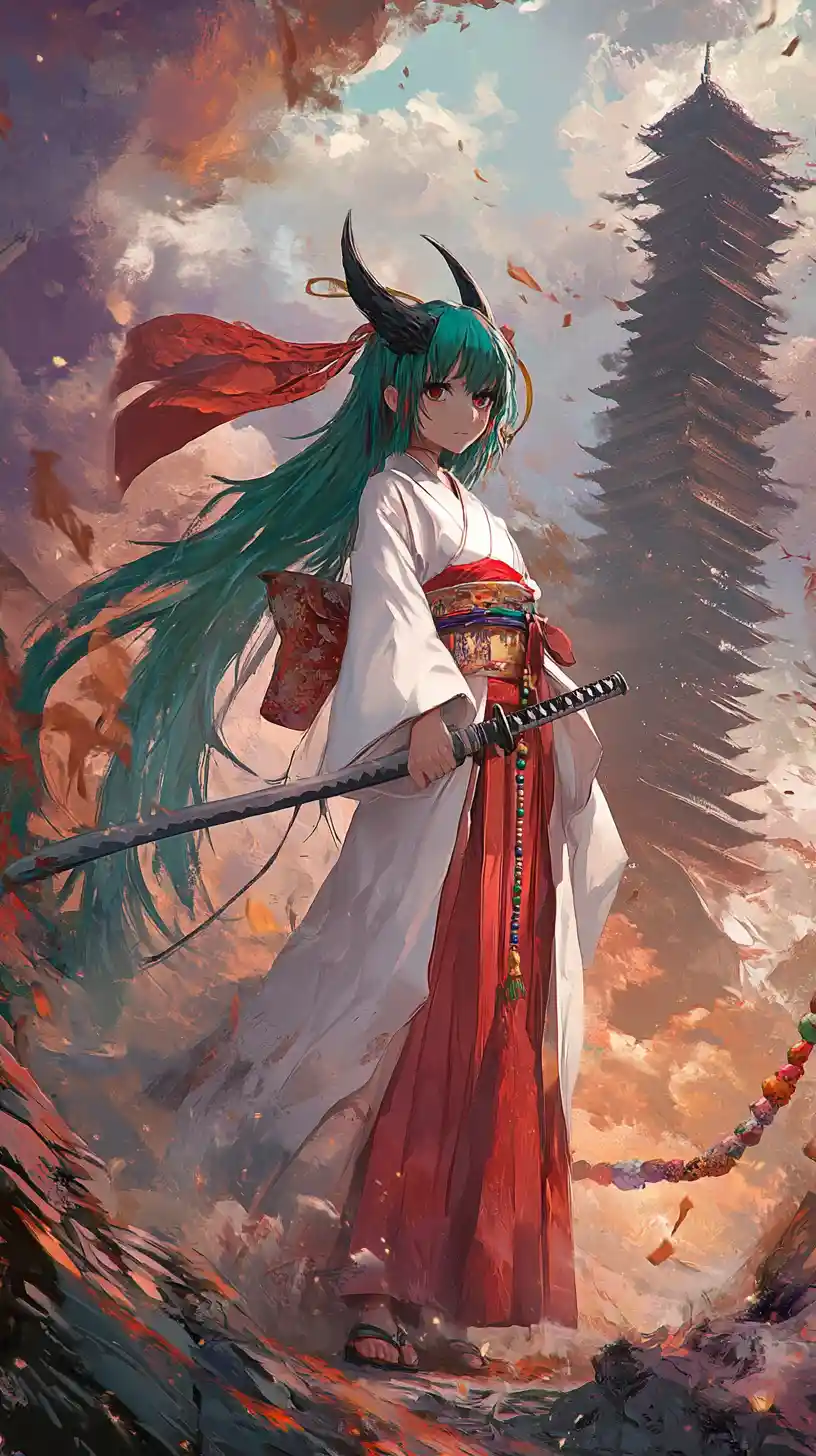 Anime girl with dragon horns and emerald hair in robes