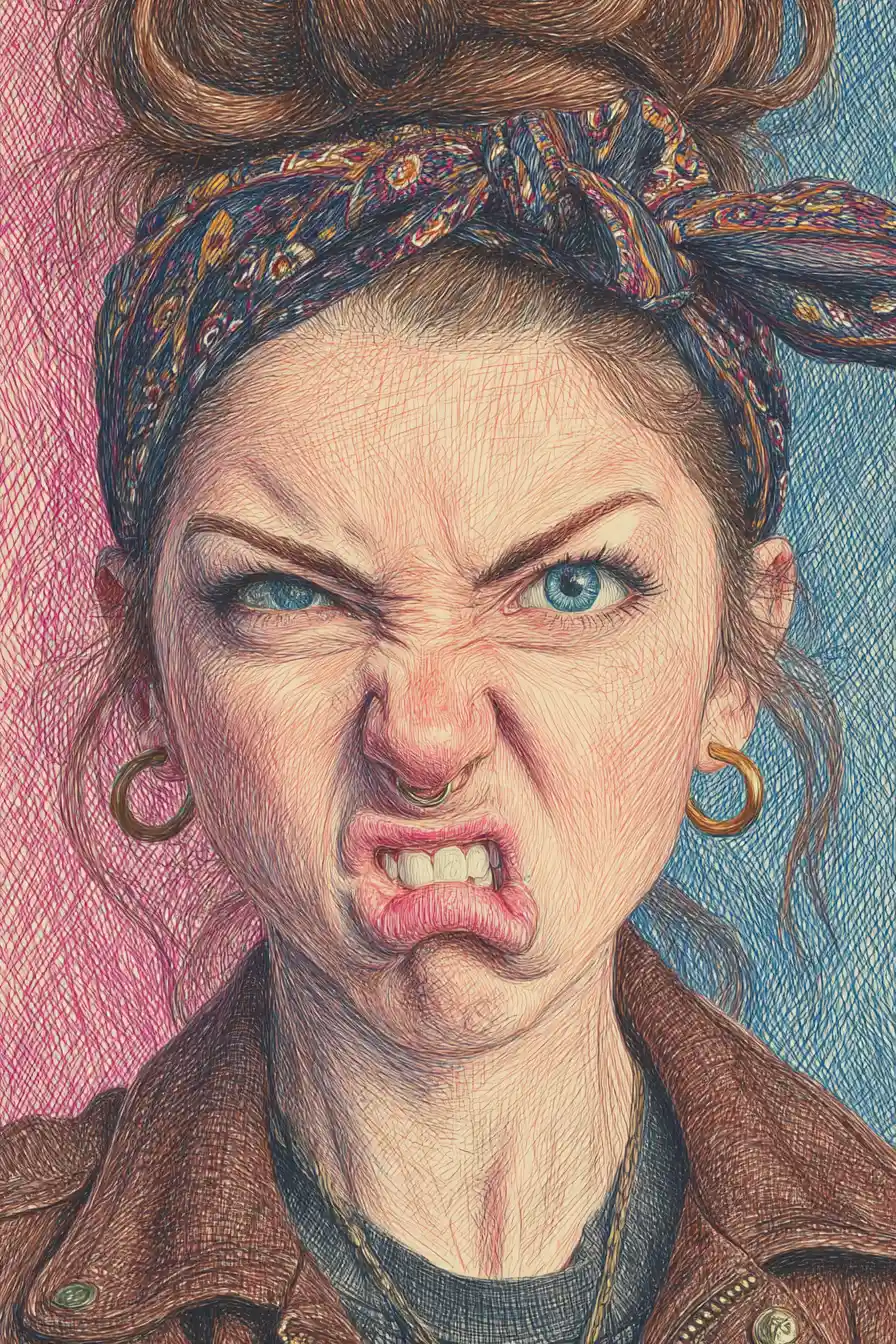 Angry girl portrait in cross hatched pen and pencil drawing