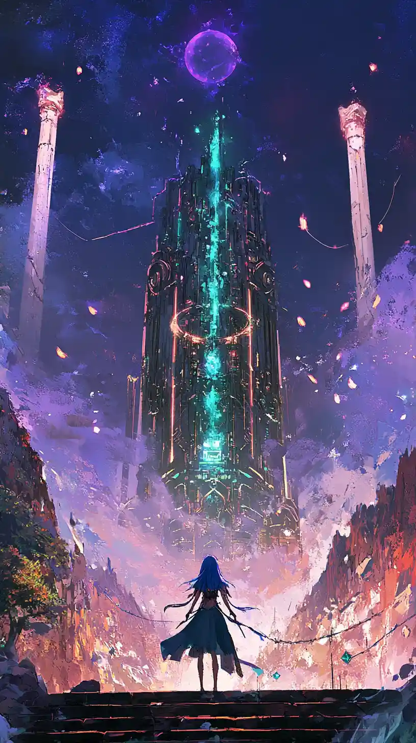Verdrehter Stahlturm-Fantasy vor einem violetten Sturm