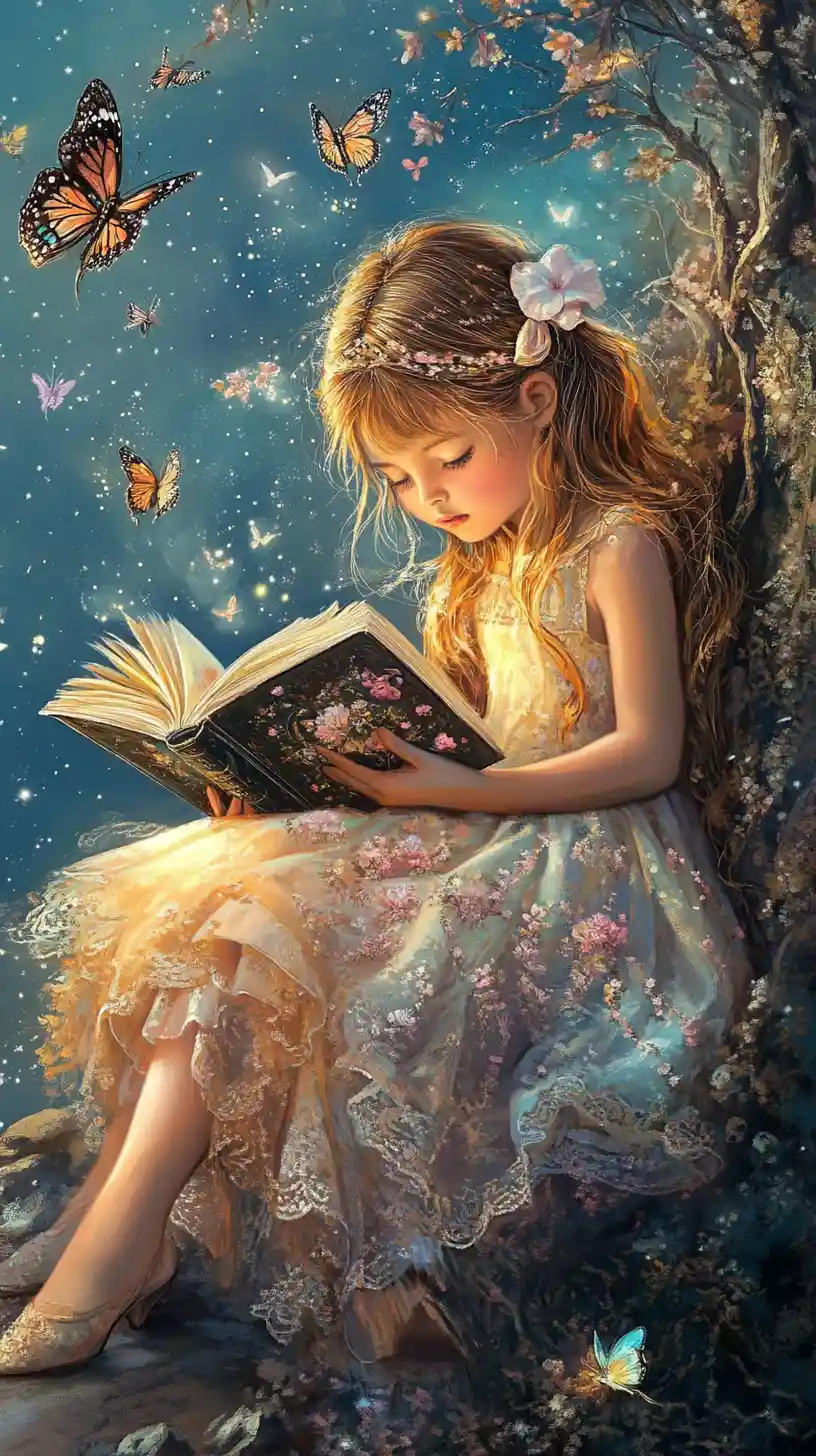 Young girl reading with hamsters in pastel fantasy world
