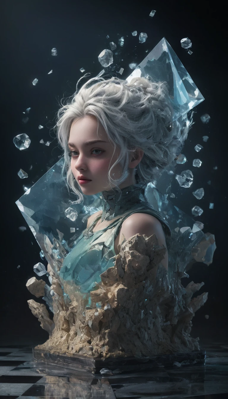 Crystal chess queen made of floating fragmented shards
