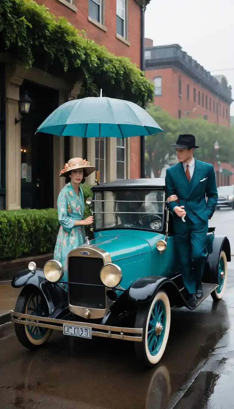 Couple by vintage teal car on a rainy city street