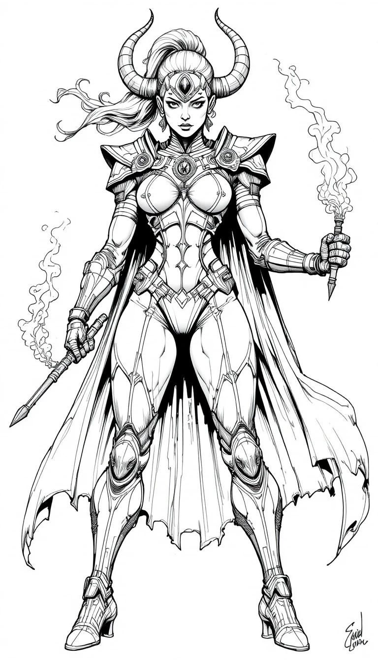 Four armed female warrior in bold comic ink lineart