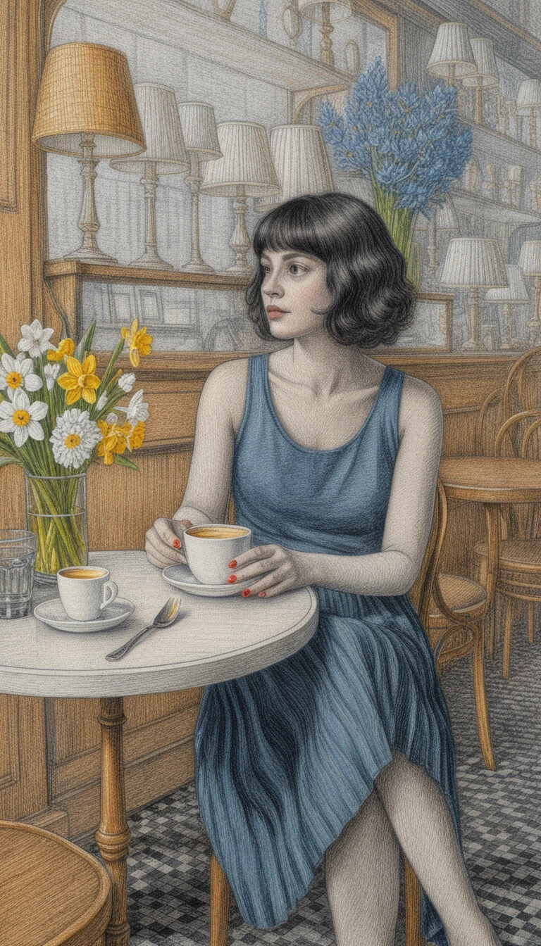 Woman with coffee at a cafe in colored pencil drawing