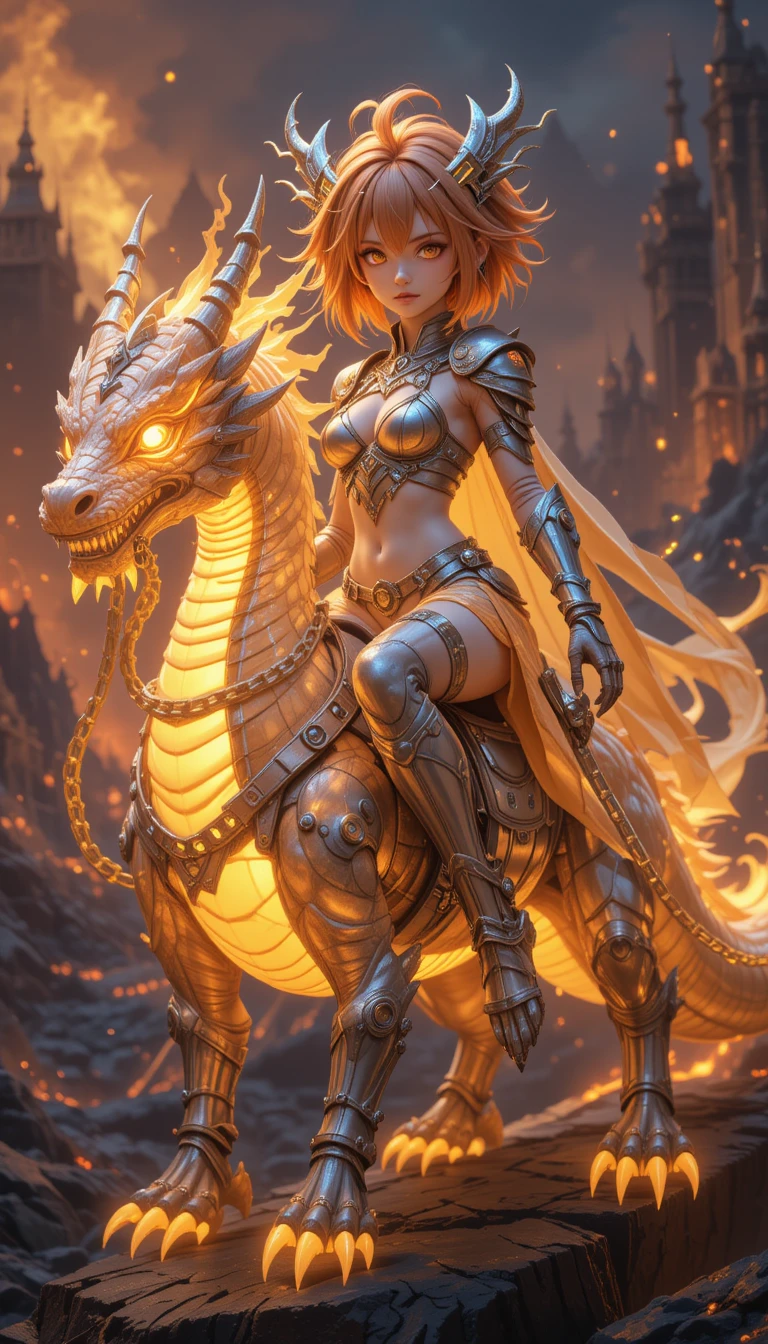 Anime magical girl riding a glowing alien dragon mount