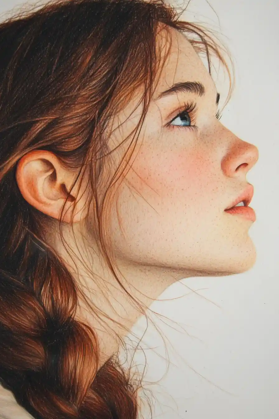 Melancholic girl with teal hair in color pencil portrait