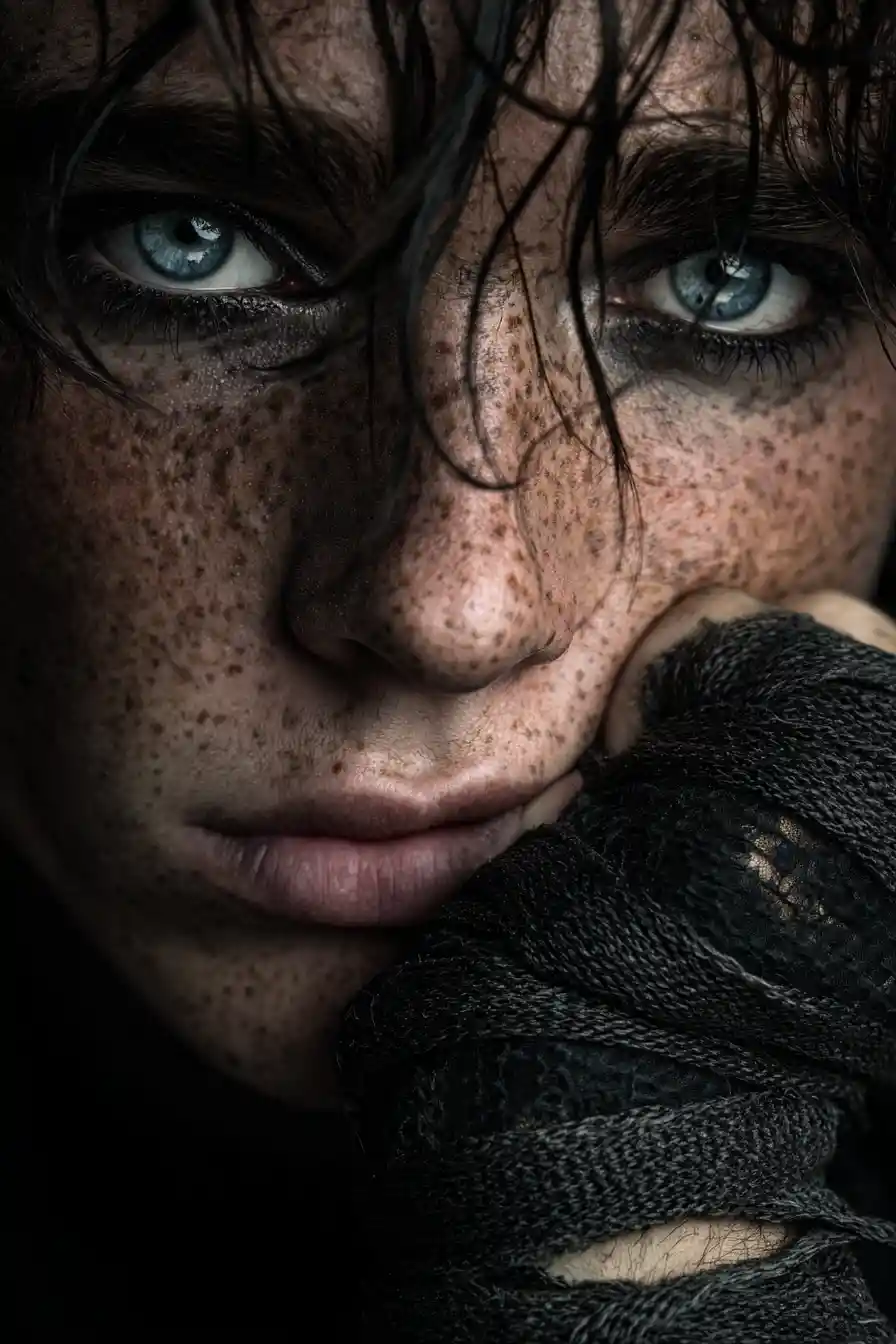 Intense freckled face portrait with piercing blue eyes
