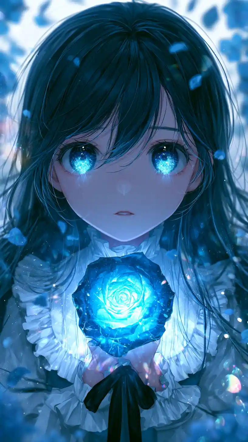 Anime girl with glowing blue rose in soft close up