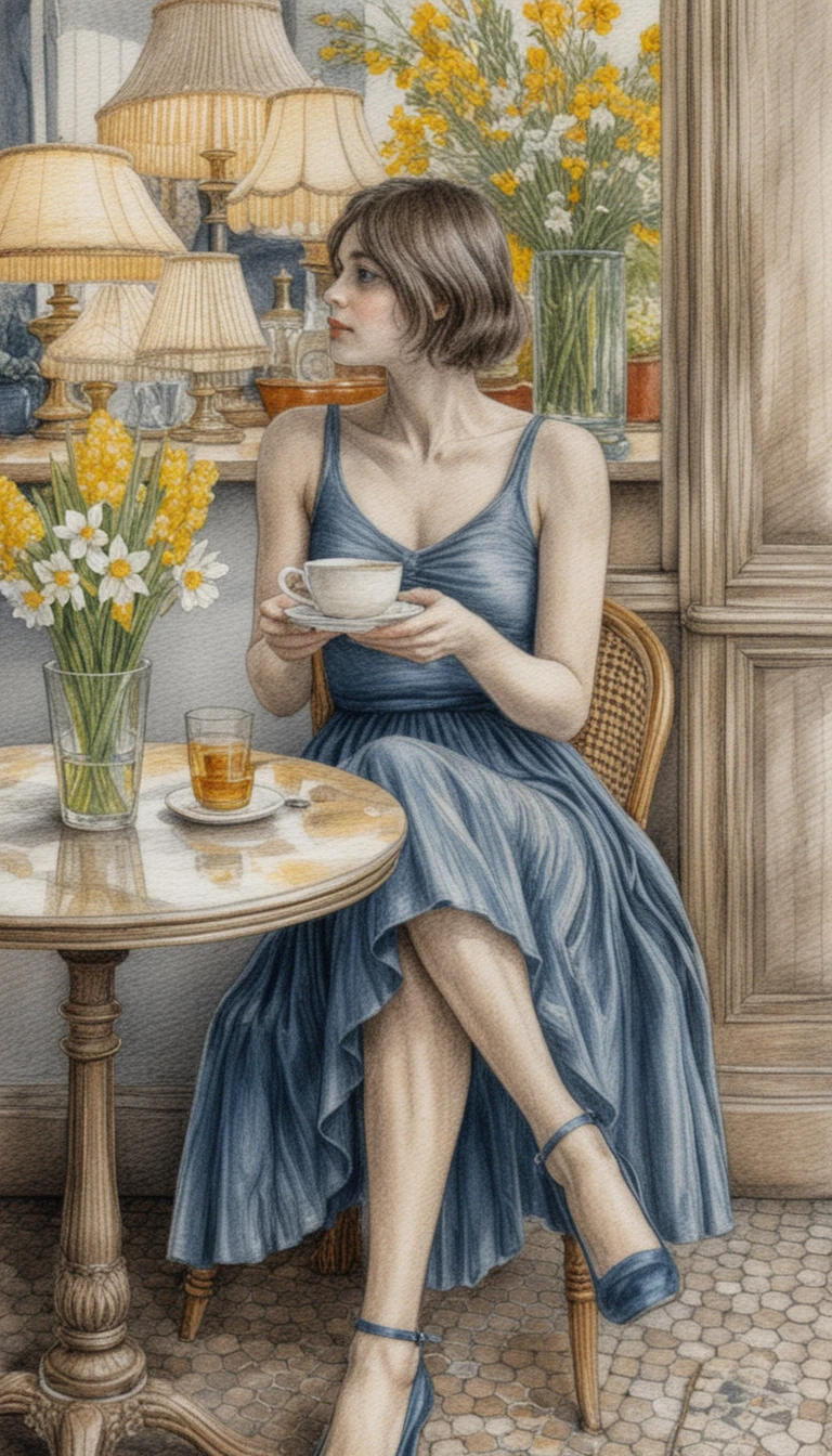 Young woman with coffee in a detailed cafe drawing