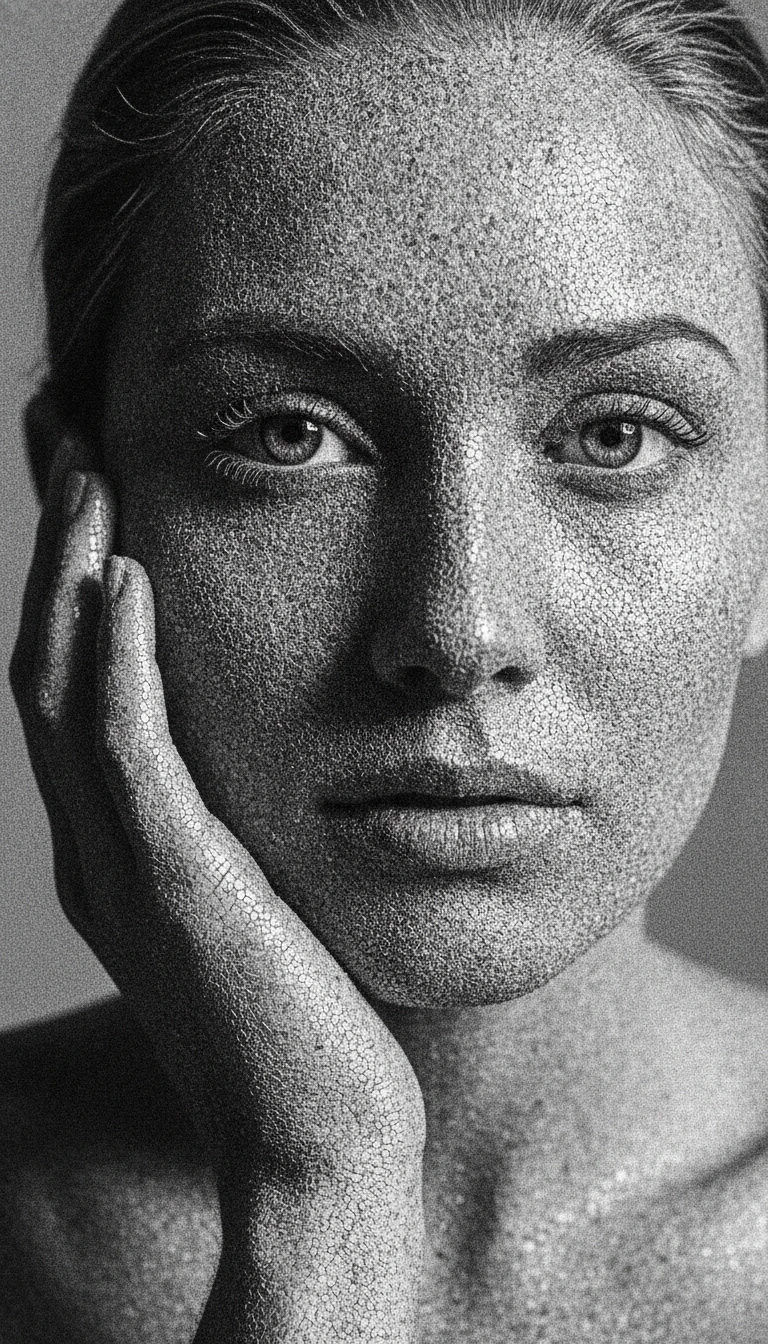 Black and white mosaic close up of a woman face