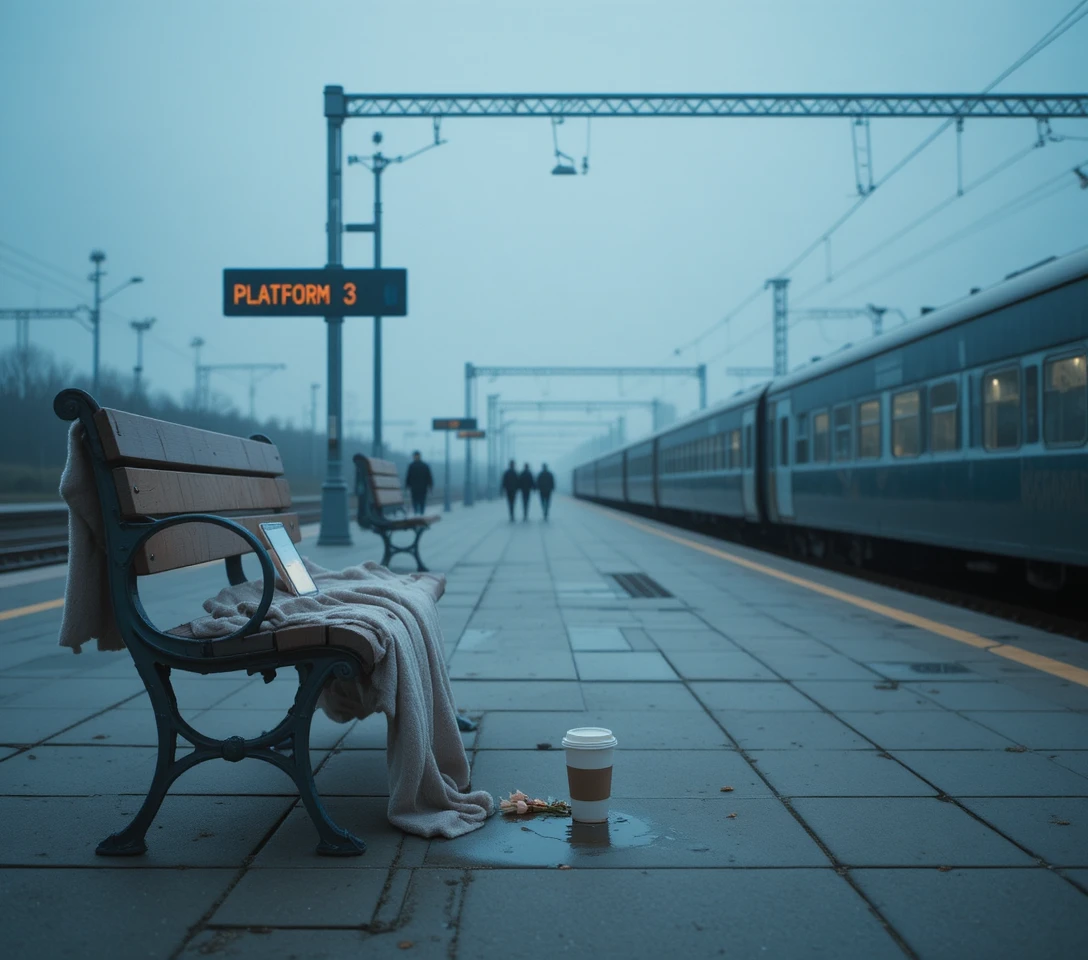 Lonely train platform with bench blanket and spilled coffee